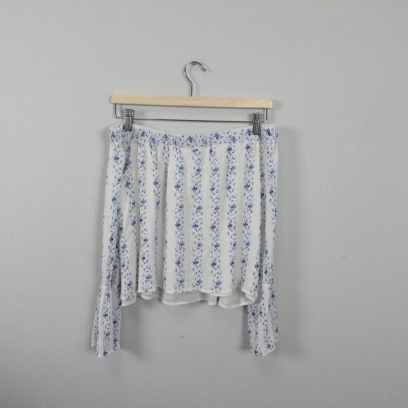 Club Monaco Plumina Blouse Women S White Blue Floral Off Shoulder Crinkled 138 - Picture 2 of 9